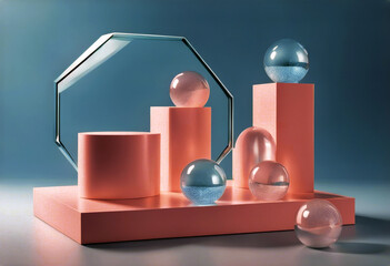 'Pedestal glass Balls geometric presentation cosmetic splay cosmetics podium scene blue mirror...