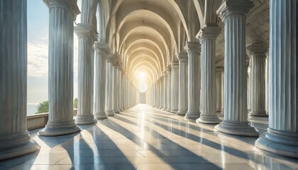 Sunlit Path: Bright Columns in a White Corridor - obrazy, fototapety, plakaty