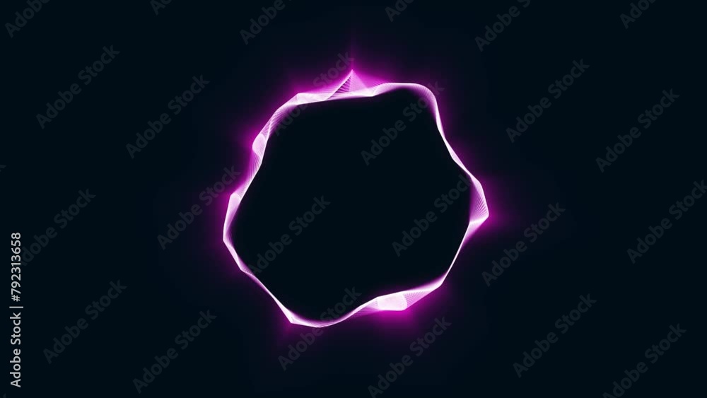 Poster animated neon pink chaotically rotating sphere frame. random plexus of lines. flexible circular wave
