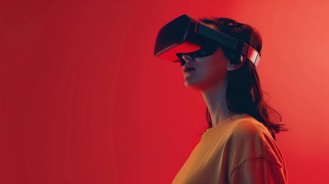 Portrait of woman using VR metaverse headset on red background, Woman wearing virtual reality headset