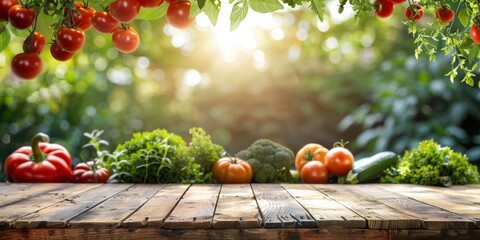 Assorted fresh vegetables placed on a rustic wooden table bask in warm sunlight with a lush green backdrop.