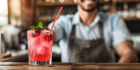 Close-up of a refreshing red berry cocktail garnished with mint, on a wooden bar counter with blurred bartender background.