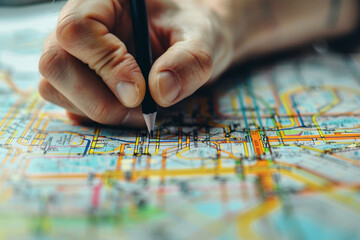 Close-up of a transportation engineer's hand sketching a mass transit network, with metro stations and bus routes