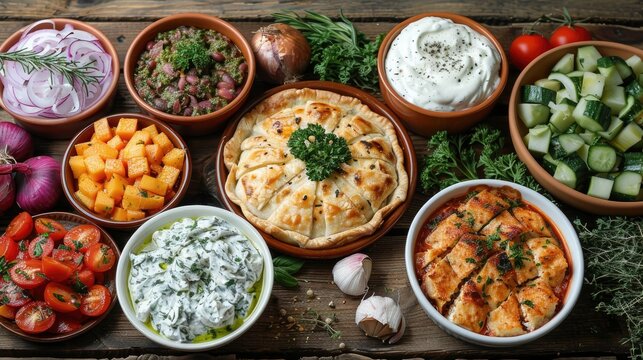selection of traditional greek food salad meze pie fish tzatziki dolma on wood background top view stock image
