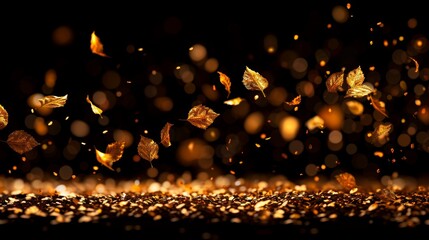 Floating golden leaves on a dark background with a bokeh effect evoke a magical autumn atmosphere.
