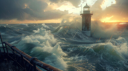 Illustration of sea sunset landscape. Lighthouse in stormy weather , ship.