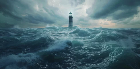 Fotobehang Illustration of sea midnight landscape. Lighthouse in stormy weather. Banner © bit24