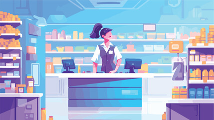 Saleslady woman cashier standing at checkout in sup - obrazy, fototapety, plakaty