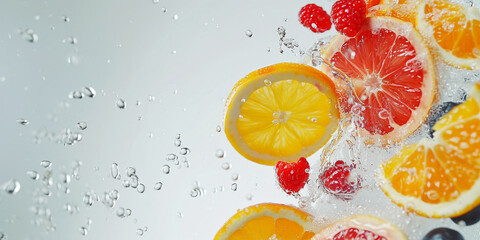 Tropical juicy fruits in water on white background. Vitamin banner