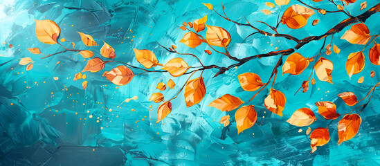 Branch with yellow leaves on blue background. Oil painting Asian banner. - obrazy, fototapety, plakaty