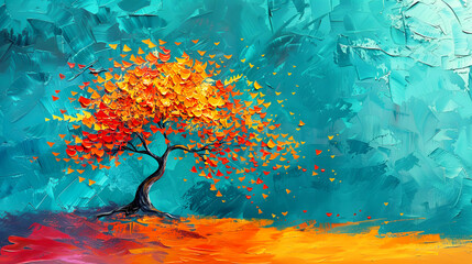 Tree with red leaves on blue background. Oil painting  banner.