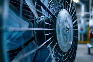 Close-up of a ventilation fan in operation within an industrial HVAC setup, focus on blade movement