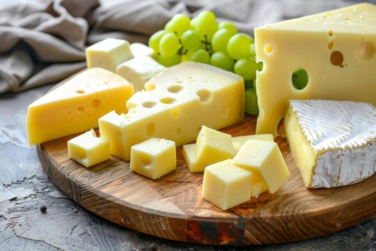 Assorted cheese platter with grapes emmental gauda parmesan and brie cheese for brunch