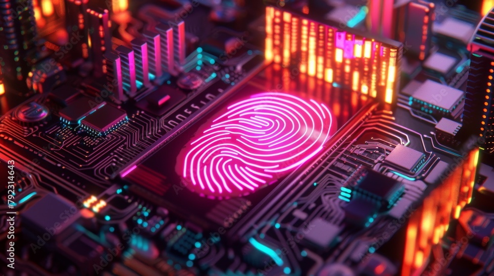 Aufkleber advanced cybersecurity concept art with glowing fingerprint on a high-tech circuit board.