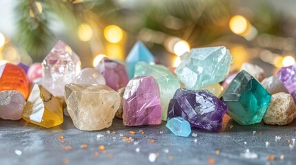 A vibrant collection of colorful gemstones displayed with warm bokeh lights in the background, symbolizing luxury and beauty.