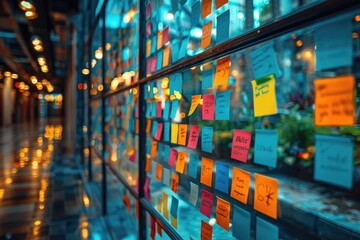 Detailed view of a brainstorming session with colorful sticky notes on a glass board, highlighting teamwork and planning