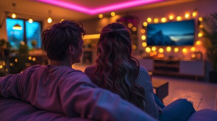 Rear view of an adult couple watching TV at home while sitting on a sofa lit by warm, comfortable light.