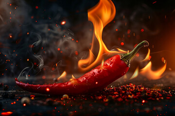close-up of a vibrant red chili pepper with flames licking around its edges, capturing the intense heat and spicy sensation it embodies, set against a dark, smoky background - obrazy, fototapety, plakaty