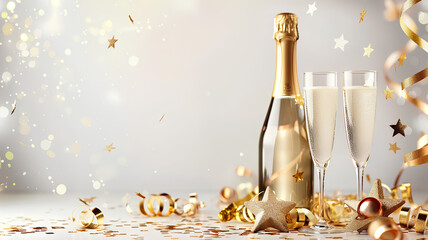 Champagne bottle and glasses with shiny star-shaped con