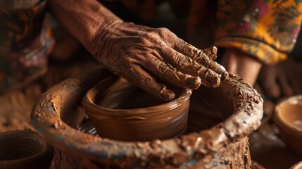 The hands of a potter skillfully molding clay into a container. Making pottery with the delicate movement and attention to detail that defines the art of ceramics. - obrazy, fototapety, plakaty