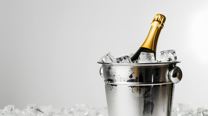 Close-up view of bottle of champagne in bucket with ice