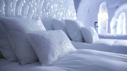 Soft plush pillows crafted from the finest Antarctic down feathers rest gracefully against a backdrop of glistening ice sculptures creating a dreamy and opulent sleeping 2d flat cartoon.