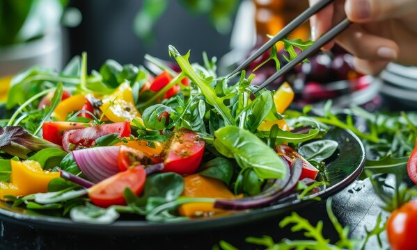 Chef preparing salad on plate with tweezers ready to serve