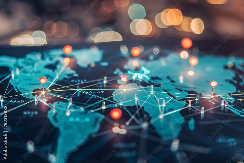 Poster close-up of a world map with pins and connecting lines showing international business expansion