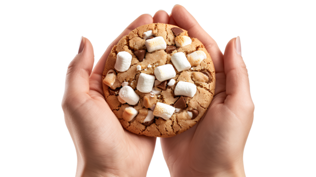 A person holding a cookie with marshmallows on top isolated on a transparent background - Powered by Adobe