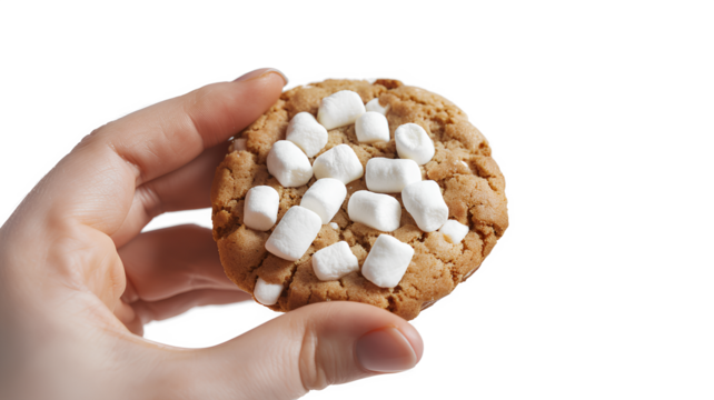 A person holding a cookie with marshmallows on top isolated on a transparent background - Powered by Adobe