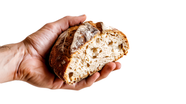A person holding a piece of bread in their hand isolated on a transparent background
