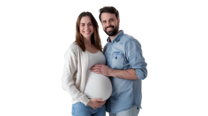 A pregnant man and woman pose for a picture isolated on a transparent background