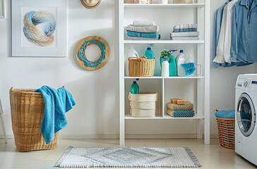 A simple laundry room with an open washing machine, surrounded by shelves of cleaning supplies and baskets on the floor. The walls feature minimalist art pieces in neutral tones, creating a clean aest