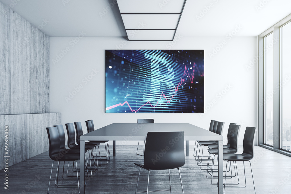 Poster Creative Bitcoin symbol hologram on presentation monitor in a modern boardroom. Mining and blockchain concept. 3D Rendering
