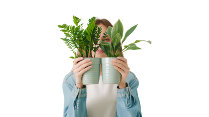 A woman holding two potted plants in front of her head  isolated on a transparent background