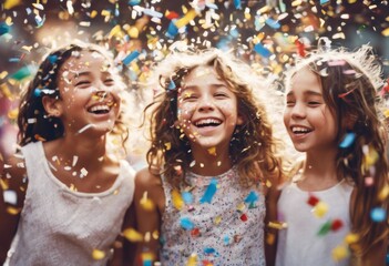 'Three Joy: Boy Girls Confetti Joyful Celebrating Joined Overflowing young girl having fun celebrate party children birthday colourful joy bonding emotion expression festival happine'