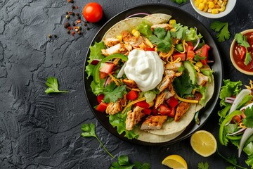 Chicken taco salad with toppings on dark stone background Mexican cuisine