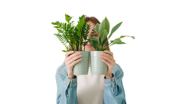 A woman holding two potted plants in front of her head  isolated on a transparent background