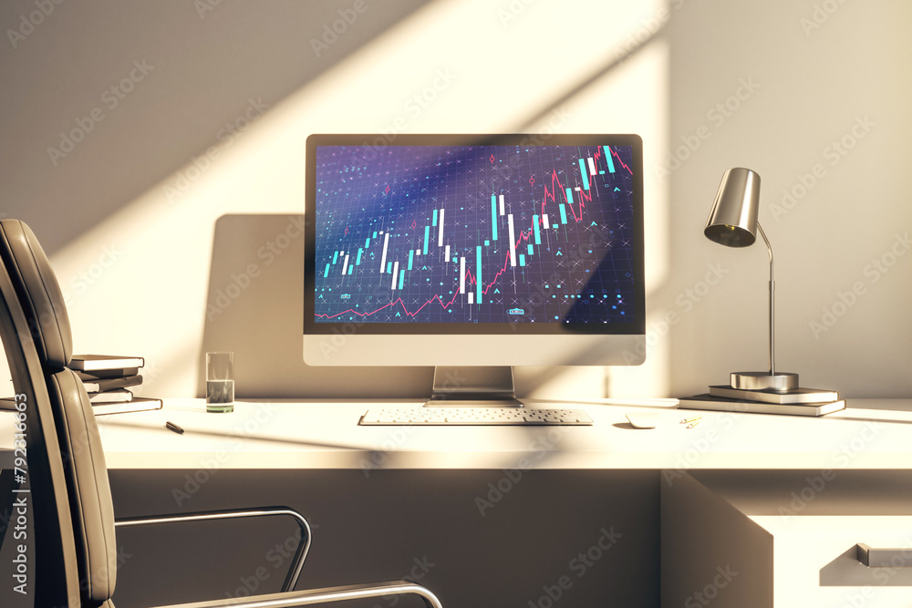 Poster modern computer screen with abstract financial diagram, banking and accounting concept. 3d rendering