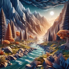 Surreal Low Poly Paper Landscape at Twilight with Stars and River Reflecting the Vibrant Sky