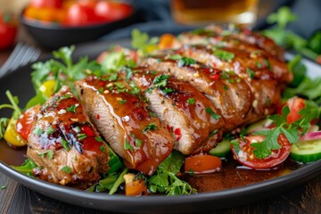 Close up of honey garlic pork tenderloin with vegetable salad on table
