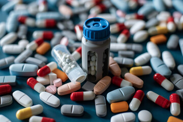 Close-up of an inhaler against a background of scattered pills - obrazy, fototapety, plakaty