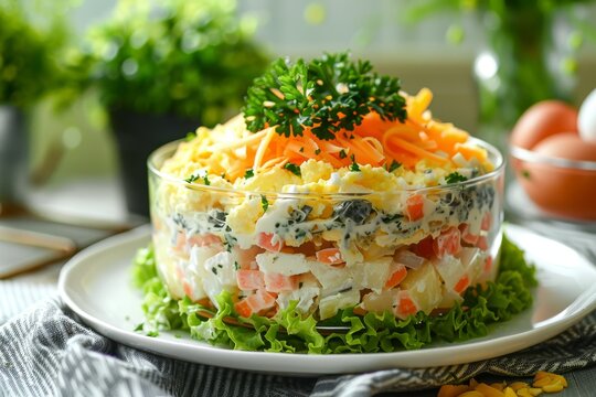 Closeup of delicious salad with saury onion potatoes carrot cheese eggs and mayo on plate