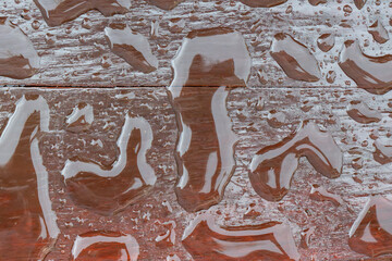 water droplets liquid on brown background texture wallpaper pattern, abstract shapes reflection, panel plank wood timber