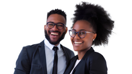 Cheerful business couple talk closeup isolated on a transparent background