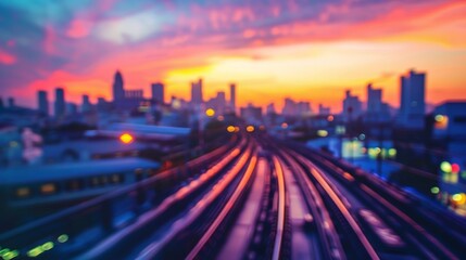 Fototapeta na wymiar Defocused Cityscape at Sunset a blurry city skyline against a colorful sky representing the passing of hours and miles that travelers experience while journeying by train through bustling .