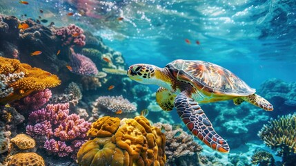 A majestic sea turtle gracefully gliding over a vibrant coral reef.