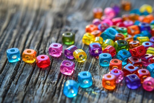 Colorful beads spell on a rustic wood