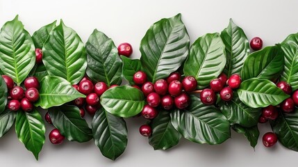 Top view of a coffee plant with green leaves and red berries on a white background. stock photo - obrazy, fototapety, plakaty