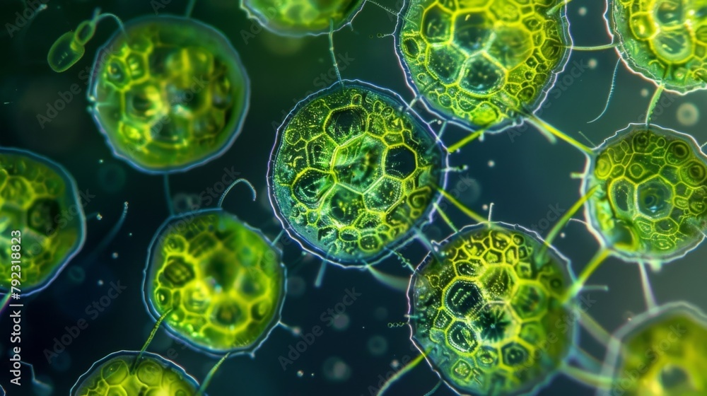 Poster a microscopic image of algae undergoing cell division with each new cell taking on a distinct and sy